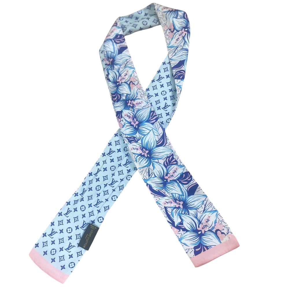 Louis Vuitton Silk Bandeau Scarf Blue Pink Floral Orchid Monogram Made in Italy